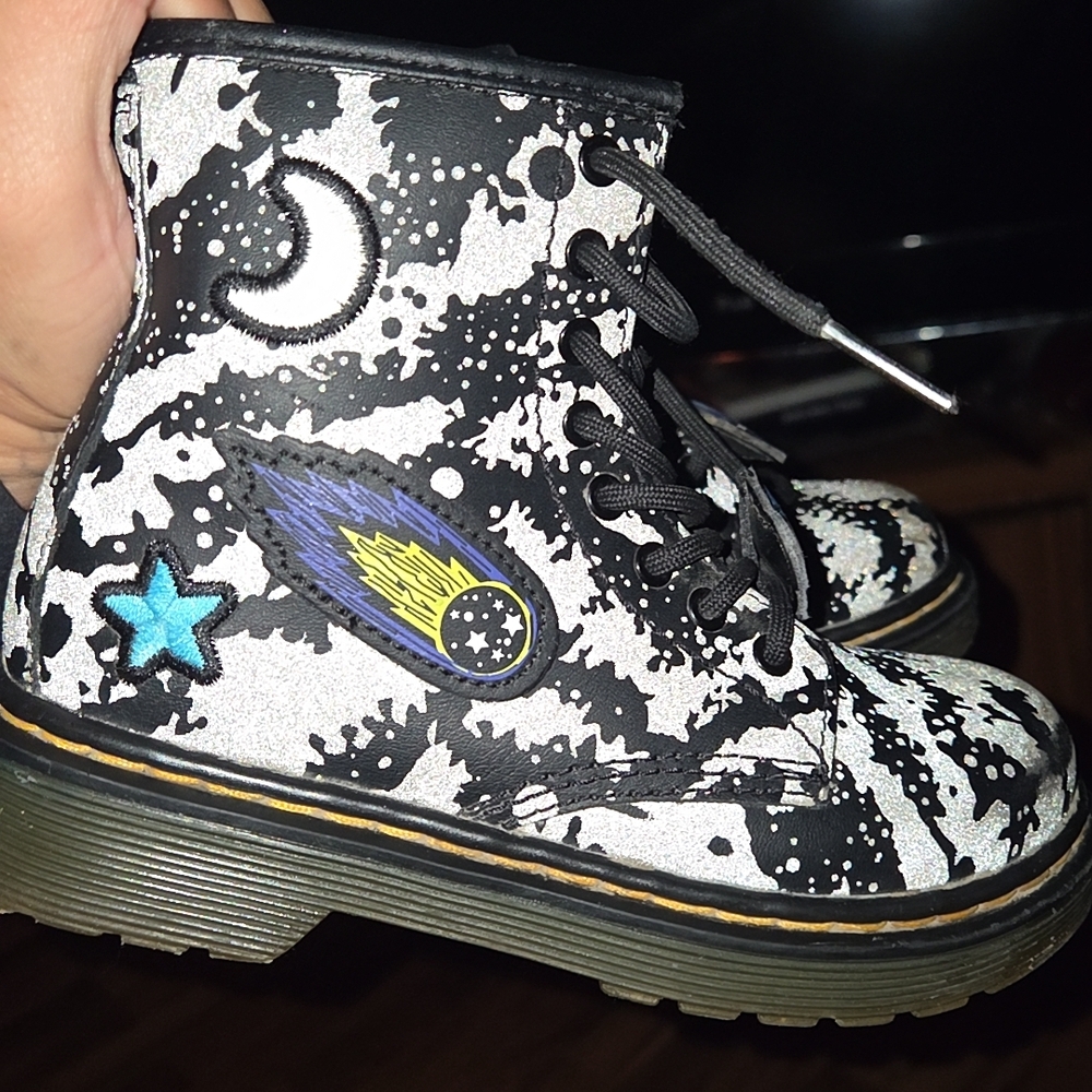Black and White Cosmic Print Boots Kids  Dr. Martin's